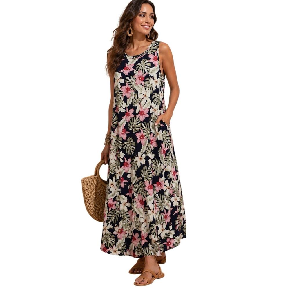 Emery Rose Midi Dress Tropical Floral Print Women’s Sz M Pockets Hawaiian Resort
